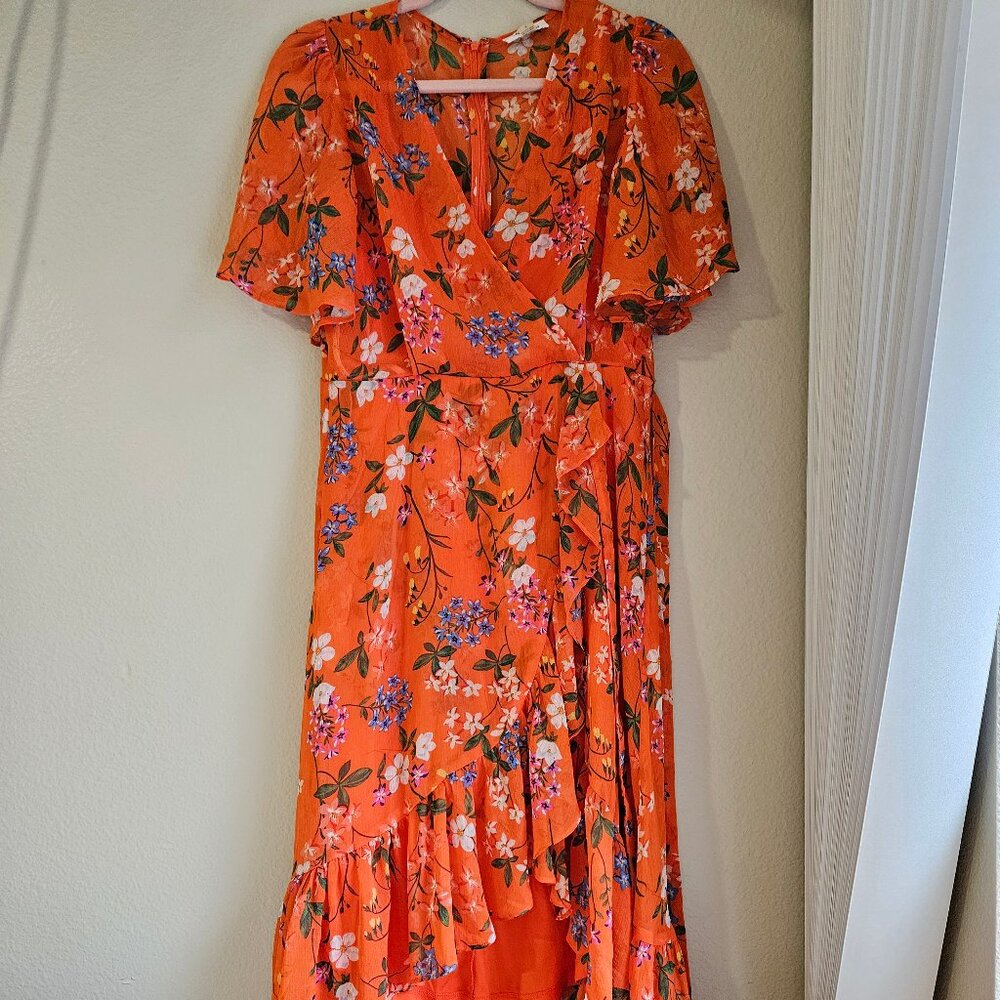 Orange Floral Mock-wrap Chiffon Midi Dress Size 8